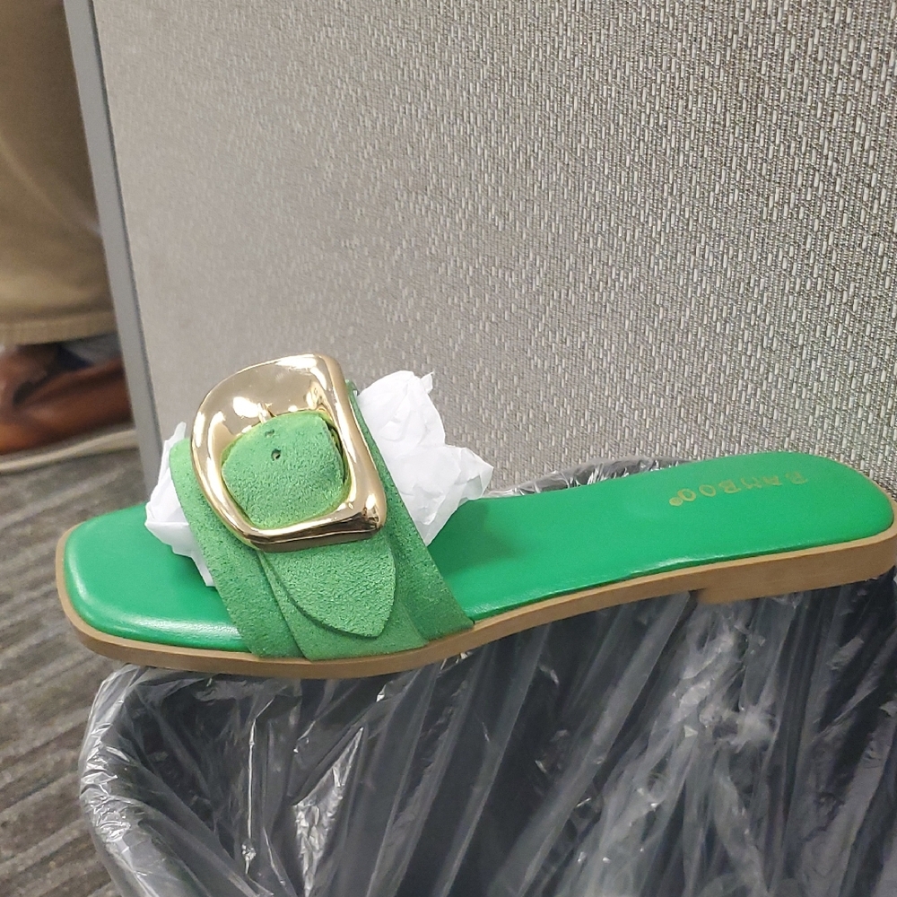 BAMBOO Green and Gold Slide Sandals
